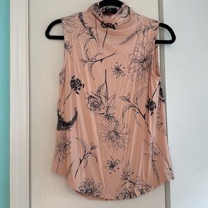 Tahari Petite Sleeveless Mock Neck Top | Tan & Navy Floral Design | Size SP